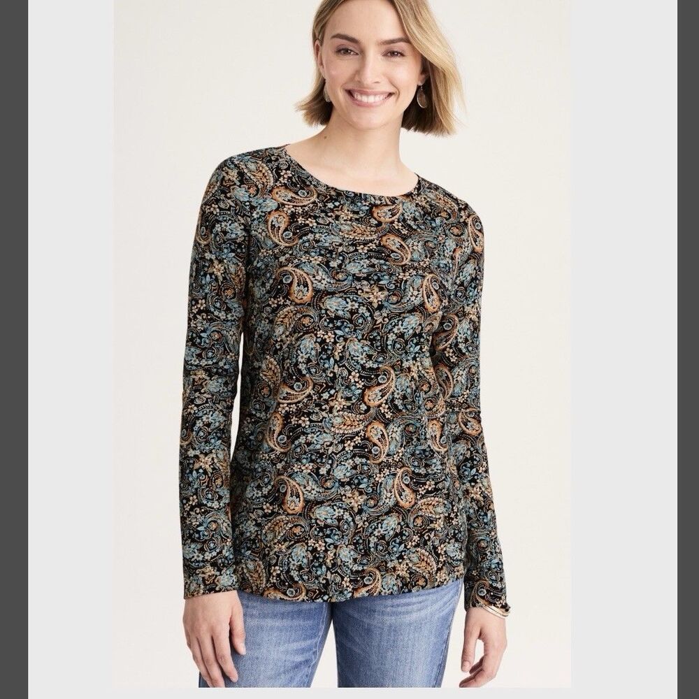 J. Jill Pima Long Sleeve Crew Neck Tee In Black Autumnal Paisley Size 2X